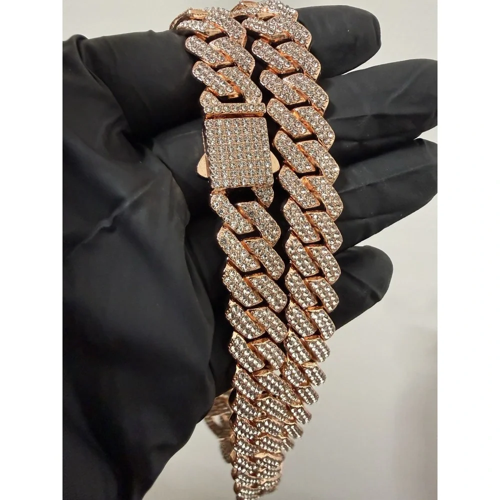 iced out cuban chain crystal vvscz rose gold over stainless 24in 14mm